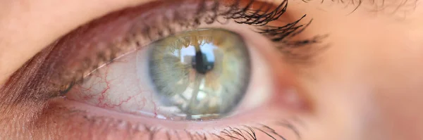 近视的女性眼睛与美丽的绿色阴影在宏观拍摄 详细描绘了人类的视觉 视力很好 眼科和视觉概念 — 图库照片
