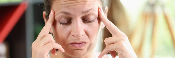 Portrait Distressed Tired Woman Touch Temples Suffer Huge Migraine Painful — Stock Photo, Image
