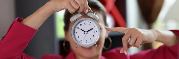 Close Woman Cover Face Grey Alarm Clock Time Management Deadline — Stock Photo, Image
