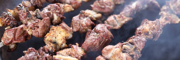 Preparation Shish Kebab Bbq Close Shot Meat Skewers Barbecue Picnic — Stock Photo, Image