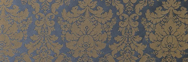 Tessuto Blu Oro Con Ornamento Fiori Foglie Come Sfondo Close — Foto Stock