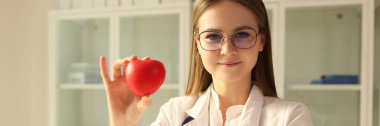 Doctor cardiologist holding red toy heart in clinic. Cardiology care concept