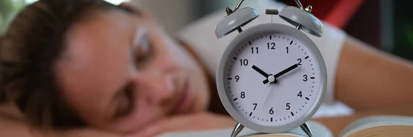 Tired Woman Sleeps Table Book Alarm Clock Overwork Study Night — Fotografia de Stock