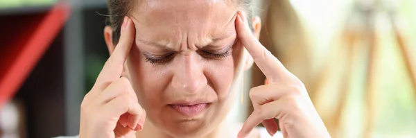 Woman Headache Holds Her Hands Her Temples Health Problems Migraine — Fotografia de Stock