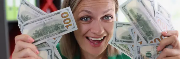 Rich Happy Business Woman Smiling Holding Many Dollar Bills Two — Zdjęcie stockowe