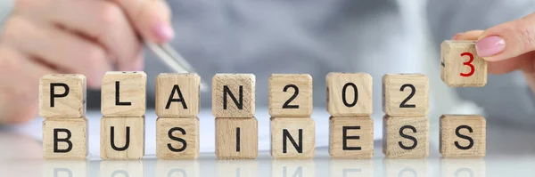Words business plan 2023 collected from wooden cubes and businessperson with pen in background. Planning business in year 2023 and counting budget for new projects concept.