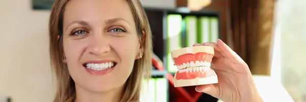Happy Female Dentist Smiles Holds Plastic Jaws Her Hands Close — Foto Stock