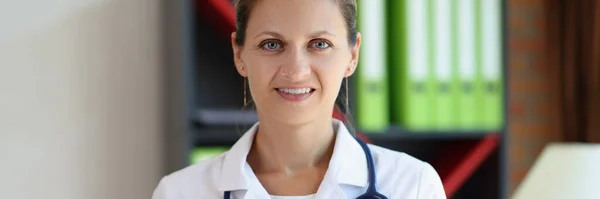 Happy Female Doctor Stethoscope Looking Camera Medical Office Smiling Nurse — стоковое фото