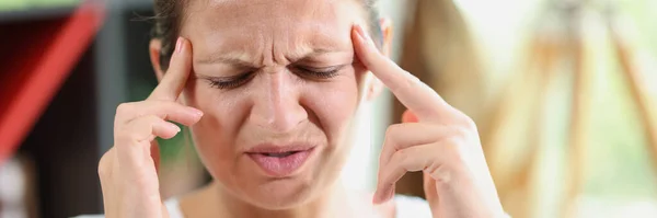 Sad Tired Woman Hands Touching Her Forehead Suffering Headache Migraine — Fotografia de Stock