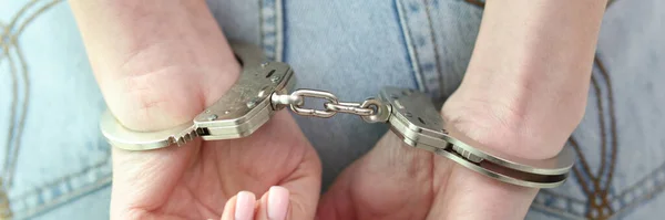 Close Arrested Woman Hands Handcuffs Back Police Investigation Crimes Concept — Stockfoto