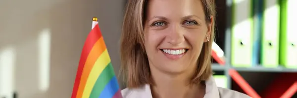 Close Smiling Female Doctor Holding Rainbow Flag Hand Lgbtq Community — Stok Foto