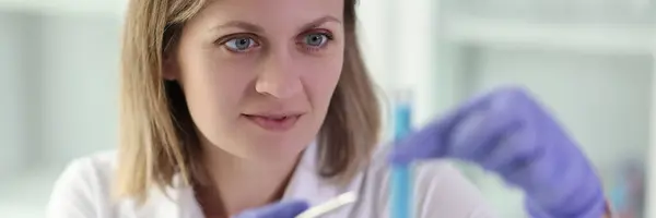 Portrait Woman Chemist Looking Test Tube Blue Liquid Laboratory Quality — Stock Photo, Image