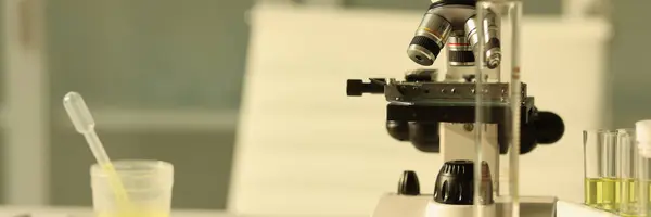 Mikroszkóp Reagensek Kémcsövek Kémiai Oldatokkal Laboratóriumi Asztalon Oktatás Kémia Tudományos — Stock Fotó