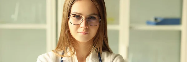Young Pretty Female Doctor Glasses Stethoscope Looking Camera Female Intern — 图库照片