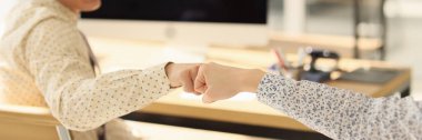 Two managers touching each other by fists while sitting at their office desks. Symbol of consent, cooperation and teamwork.