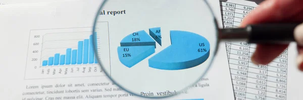 Woman holds magnifier glass above investigational report with charts and statistics. Investigation papers with data for business optimization