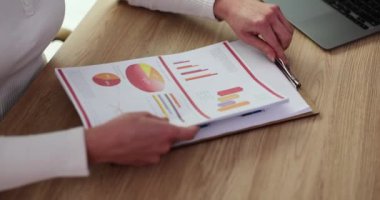 İş kadını çalışma verileri ve grafik çizelgesi üzerinde çalışıyor. Müdür raporunu okuyarak pazarlama araştırma ve planlama stratejisi geliştirme