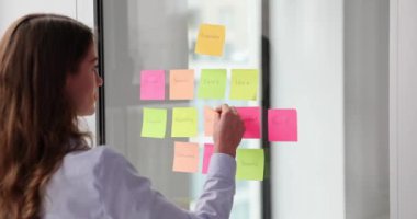 Odaklanmış genç bayan proje yöneticisi renkli çıkartmaları değiştiriyor, cam duvarda iş akışı planlıyor. Çalışma sürecini yöneten ve iş projesini planlayan motive iş kadını