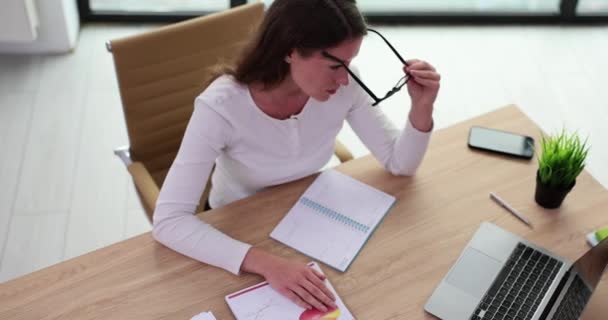 Aşırı Yorgun Yönetici Ofisteki Yerinde Dizüstü Bilgisayarla Çalışırken Göz Yorgunluğu — Stok video