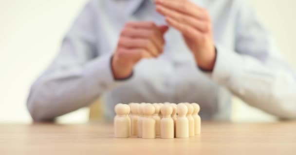 Woman Agent Holding Hands Small Wooden Pawns Closeup Responsible Team — Stock Video