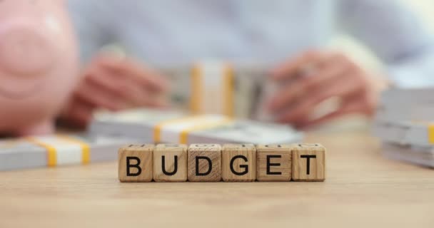 Piggy Orçamento Palavra Banco Contando Pilhas Dinheiro Planejamento Negócios Despesas — Vídeo de Stock