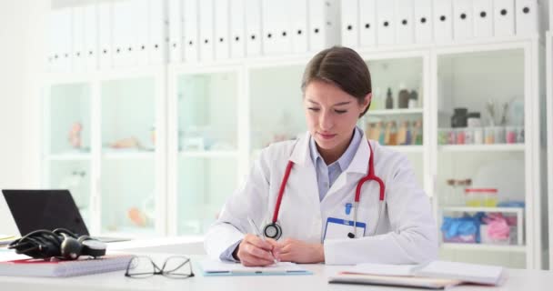 Cardiologist Writes Prescription Medical Clinic Preparation Medical Documents Insurance — Stock Video