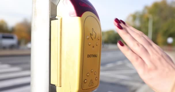 Mão Aperta Botão Cruzamento Pedestres Acende Luz Verde Semáforo Cruza — Vídeo de Stock