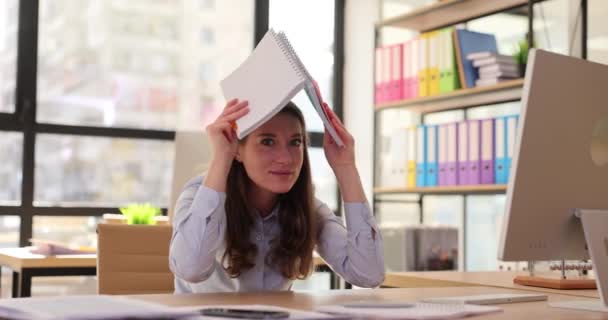Woman Holding Paper Documents Hides Head Manager Working Project Sitting — Stock Video