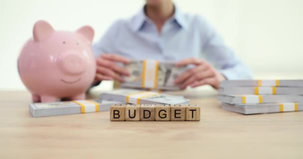 Budget Woorden Spaarpot Het Tellen Van Bundels Dollargeld Begroting Van — Stockvideo
