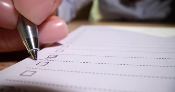 Closeup Hand Putting Checkmark Marking Blue Pen Checklist Checkbox List — Stock Video