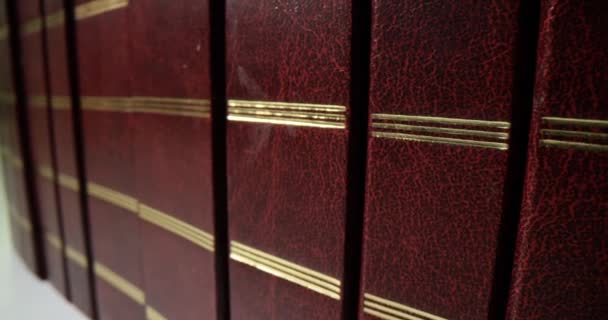 Закрытие Многих Юридических Отчетов Библиотеке Новые Книги Дневники Переплёте Коричневой — стоковое видео