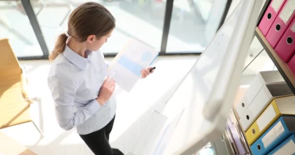 女经理通过在白板上写主要策略来准备公司的商务会议 查看公司时间表中的文件 妇女专家的工作过程 — 图库视频影像