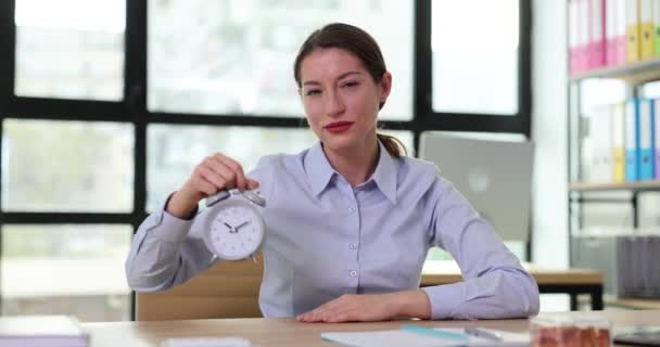Strict Boss Businesswoman Points Alarm Clock Workplace Business Education Concept — Stock Video