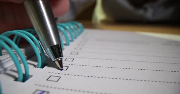 Checklist List Concept Closeup Hand Checking Box Marking Blue Pen — Stock Video