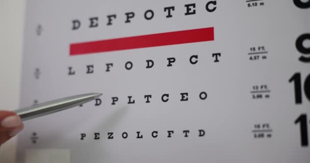 Oftalmolog Håller Penna Och Tabell För Att Kontrollera Vision Närbild — Stockvideo