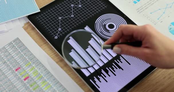 Marketer Hands Using Tablet Magnifying Glass Data Analysis Concept Analytics — Stock Video