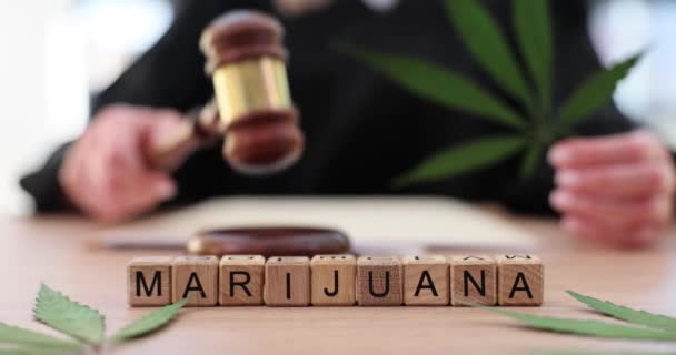 Bíró Kalapácsot Zöld Marihuána Leveleket Tart Bíróságon Kannabisz Kereskedelmére Vonatkozó — Stock videók