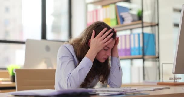 Woman Manager Sick Unhealthy Suffering Headache Office Businesswoman Struggling Migraine — Stock Video