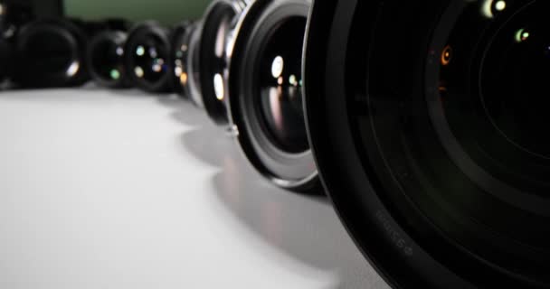Set Lenses Slr Cameras Different Sizes Reflections Selection Photographic Equipment Royalty Free Stock Footage