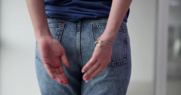 Woman Holding Butt Having Abdominal Pain Hemorrhoids Girl Suffers Hemorrhoids — Stockvideo