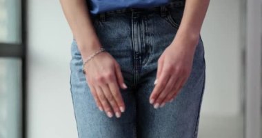 Woman hands holding intimate organs during inflammation closeup 4k movie slow motion. Treatment and diagnosis of sexually transmitted diseases concept