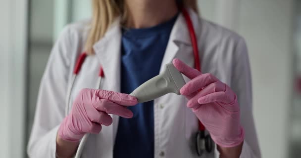 Doctor Gloves Holding Transducer Ultrasound Examination Closeup Movie Diagnosis Diseases — Stockvideo