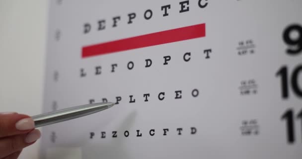 Ophthalmologist Hand Showing Letters Table Testing Vision Closeup Movie Slow — Vídeo de Stock