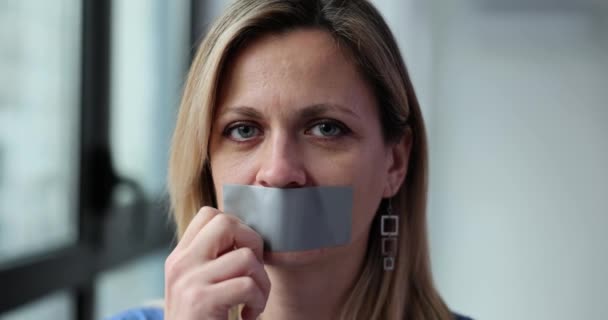 Woman Victim Abuse Tearing Gray Tape Mouth Movie Slow Motion — стокове відео