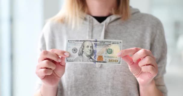 Woman Holding Money One Hundred Dollars Closeup Movie Slow Motion — стоковое видео