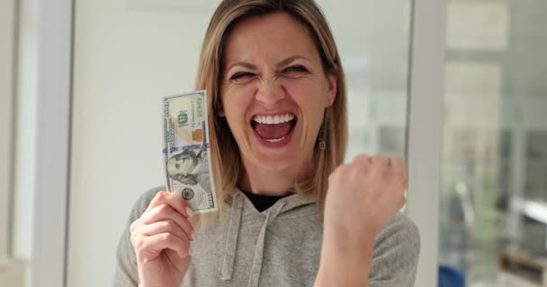 Happy Woman Rejoicing Holding Lot Money Dollars Hands Movie Slow — стоковое видео