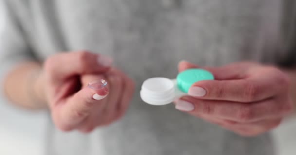 Female Hands Holding Contact Lens Container Closeup Movie Slow Motion — Vídeo de Stock