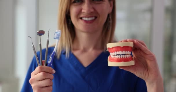 Dentist Doctor Holding Artificial Jaw Teeth Dental Instruments Closeup Movie — Αρχείο Βίντεο