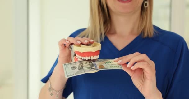Dentist Bitting Dollars Money Human Artificial Jaws Closeup Movie Slow — Wideo stockowe