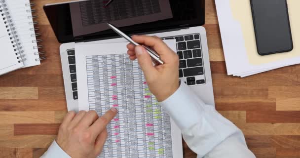 业务分析和会计概念与商人合作的文档顶视图 使用笔记本电脑和财务报告的散页表 — 图库视频影像